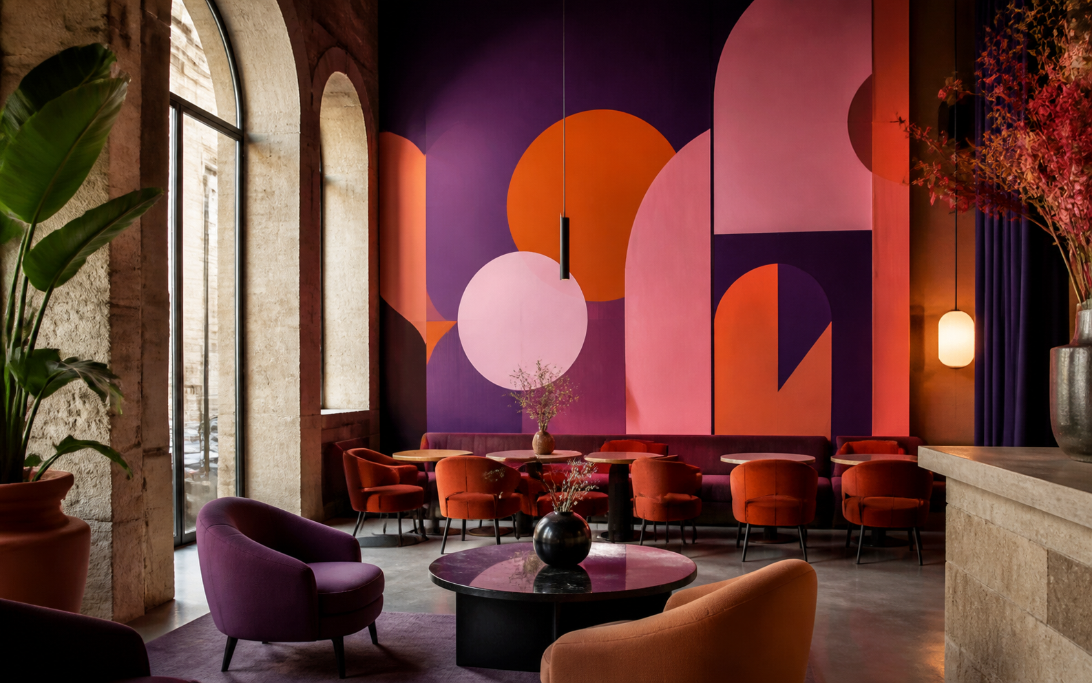 Café bordelais avec une fresque violette orange et rose